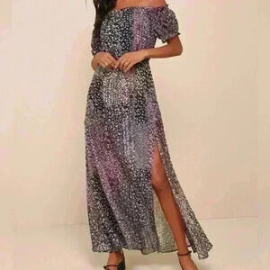 NWT Lulus Neva Navy Blue Floral Print Off The Shoulder Maxi Dress